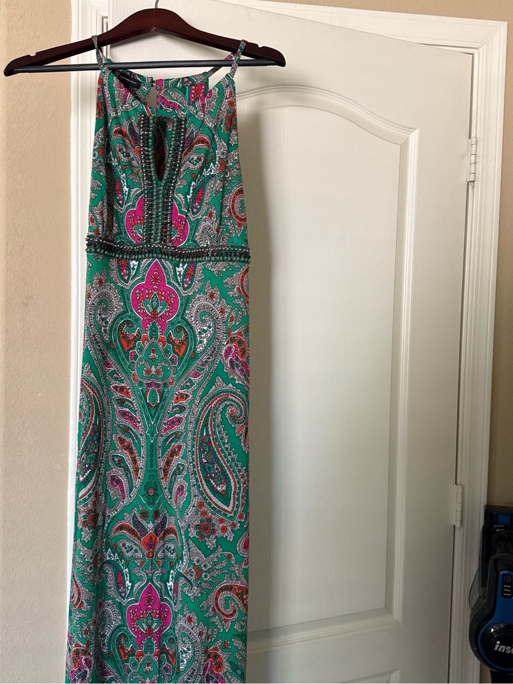 INC International Concepts Green Paisley Halter Maxi Dress with Pink Accents